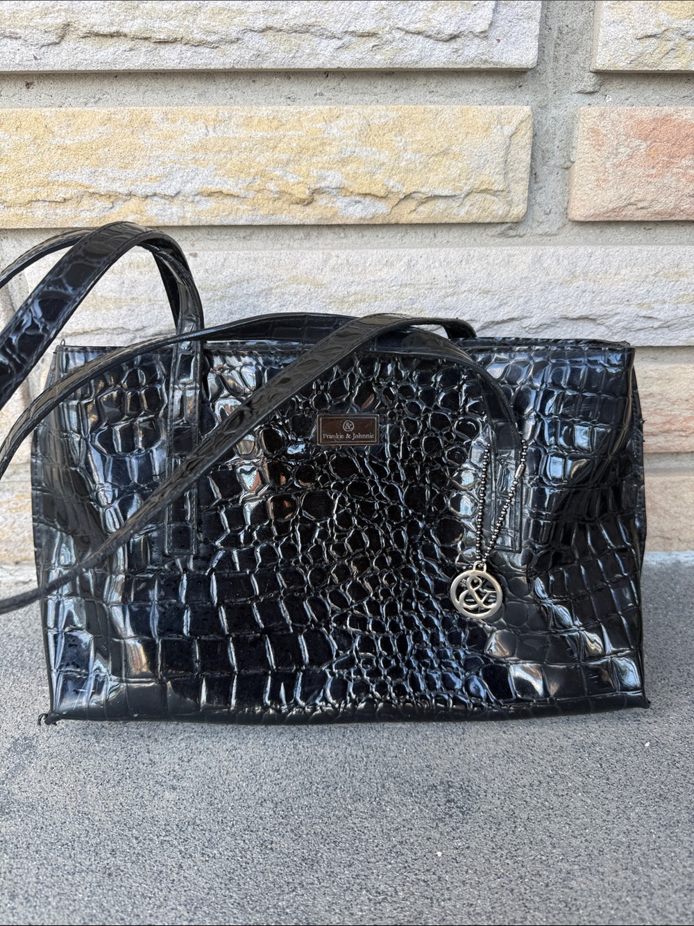 Croco-Embossed Black Patent Tote with Charm